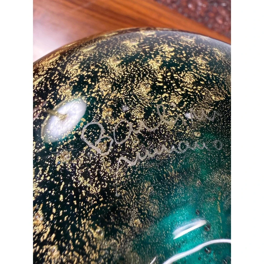 Signed Barbini Murano Art Glass Vase Emerald Green Gold Aventurine Bullicante 7